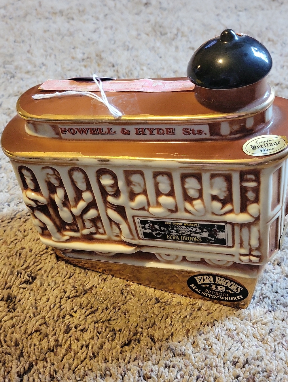 Powell & Hyde Sts. Vintage Cable Car Ceramic Decanter - Brown & Cream From 1969